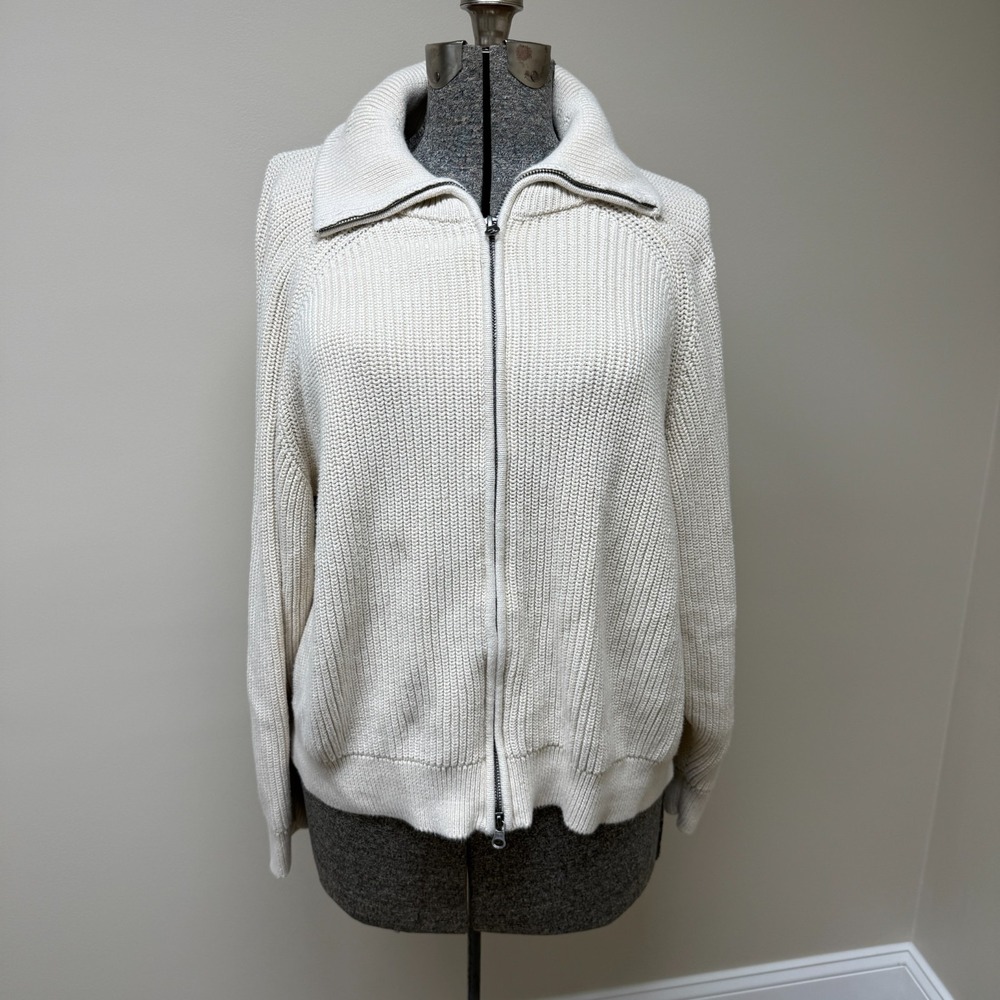 Gap Shaker-Stitch Cardigan Sweater Womens XL Beige Chunky Knit Cotton Full Zip